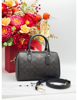 COACH ROWAN SATCHEL TOP HANDLE & CROSSBODY BAG IN BLACK BROWN CC SIGNATURE CANVAS & CALFSKIN LEATHER