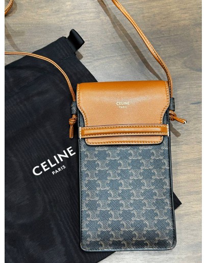 CELINE PHONE POUCH CROSSBODY IN TRIOMPHE CANVAS & LEATHER 