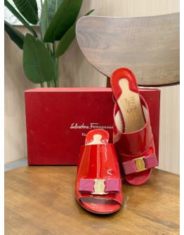 SALVATORE FERRAGAMO BOW MULES WEDGES HEEL IN RED PATENT LEATHER 
