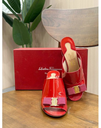 SALVATORE FERRAGAMO BOW MULES WEDGES HEEL IN RED PATENT LEATHER 