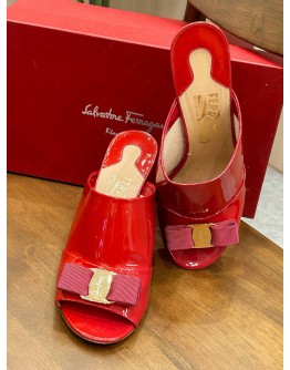 SALVATORE FERRAGAMO BOW MULES WEDGES HEEL IN RED PATENT LEATHER 