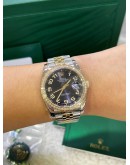 ROLEX DATEJUST 36 REF 116243 HALF 18K 750 YELLOW GOLD & FACTORY DIAMONDS BEZEL BLACK DIAL 36MM AUTOMATIC WATCH  