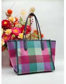 KATE SPADE ELLA TOTE SHOULDER BAG IN MULTICOLOR CANVAS & DARK BLUE CALFSKIN LEATHER