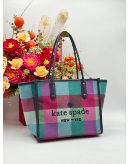 KATE SPADE ELLA TOTE SHOULDER BAG IN MULTICOLOR CANVAS & DARK BLUE CALFSKIN LEATHER