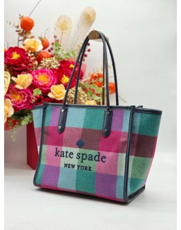 KATE SPADE ELLA TOTE SHOULDER BAG IN MULTICOLOR CANVAS & DARK BLUE CALFSKIN LEATHER