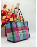 KATE SPADE ELLA TOTE SHOULDER BAG IN MULTICOLOR CANVAS & DARK BLUE CALFSKIN LEATHER