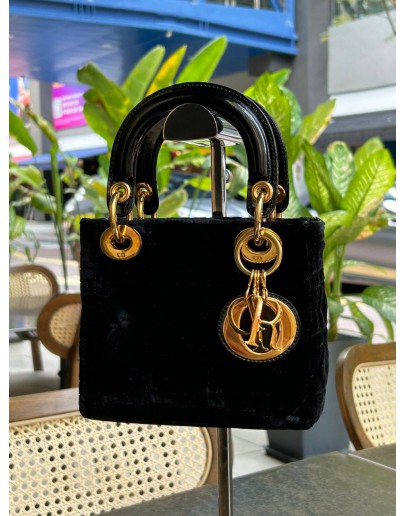 CHRISTIAN DIOR VINTAGE MINI LADY DIOR IN BLACK SUEDE & GOLD HARDWARE