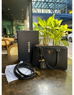 PRADA BLACK SAFFIANO LUX LEATHER MINI GALLIERA DOUBLE ZIP HANDBAG