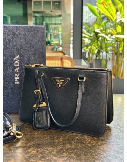 PRADA BLACK SAFFIANO LUX LEATHER MINI GALLIERA DOUBLE ZIP HANDBAG