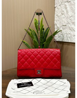 CHANEL TIMELESS CLASSIQUE FLAP SHOULDER CHAIN BAG IN RED CAVIAR LEATHER WITH SILVER HARDWARE