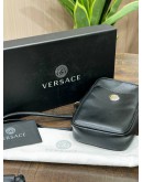 VERSACE CLASH DEMI MEDUSA GOLD & SILVER SPLIT BLACK LEATHER LANYARD POUCH