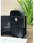 VERSACE CLASH DEMI MEDUSA GOLD & SILVER SPLIT BLACK LEATHER LANYARD POUCH