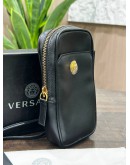 VERSACE CLASH DEMI MEDUSA GOLD & SILVER SPLIT BLACK LEATHER LANYARD POUCH