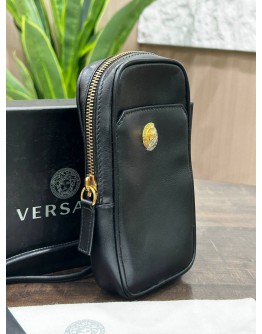 VERSACE CLASH DEMI MEDUSA GOLD & SILVER SPLIT BLACK LEATHER LANYARD POUCH