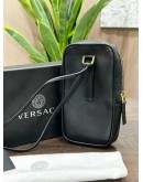 VERSACE CLASH DEMI MEDUSA GOLD & SILVER SPLIT BLACK LEATHER LANYARD POUCH