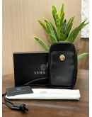 VERSACE CLASH DEMI MEDUSA GOLD & SILVER SPLIT BLACK LEATHER LANYARD POUCH