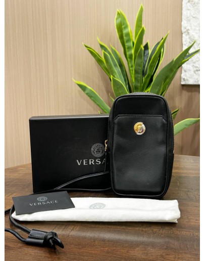 VERSACE CLASH DEMI MEDUSA GOLD & SILVER SPLIT BLACK LEATHER LANYARD POUCH