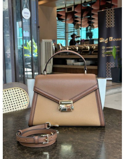 MICHAEL KORS WHITNEY SATCHEL LEATHER TOP HANDLE HANDBAG IN DUAL TONED WITH STRAP