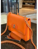 SALVATORE FERRAGAMO VARA BOW CHAIN CROSSBODY BAG IN COWHIDE TANGERINE ORANGE LEATHER