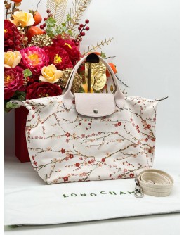 LONGCHAMP LE PLIAGE SAKURA MEDIUM SHOULDER BAG IN LIGHT PINK NYLON & LEATHER