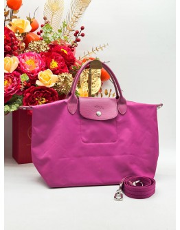 LONGCHAMP LE PLIAGE MEDIUM SHOULDER BAG IN PINK NYLON & LEATHER