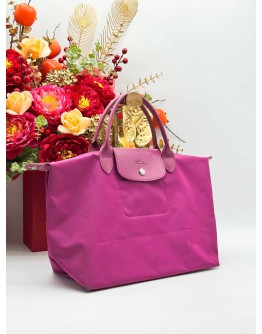 LONGCHAMP LE PLIAGE MEDIUM SHOULDER BAG IN PINK NYLON & LEATHER