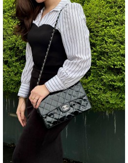 CHANEL VINTAGE SINGLE FLAP IN BLACK PATENT LEATHER SILVER HARDWARE CHAIN SHOULDER BAG