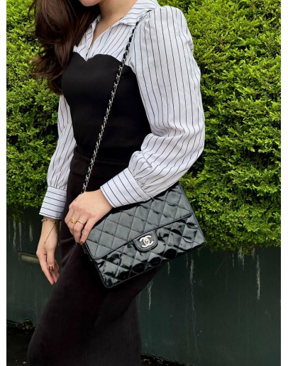 CHANEL VINTAGE SINGLE FLAP IN BLACK PATENT LEATHER SILVER HARDWARE CHAIN SHOULDER BAG