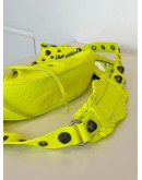 BALENCIAGA LE CAGOLE XS SHOULDER / CROSSBODY BAG IN NEON YELLOW/ GREEN CRINKLED LAMBSKIN LEATHER WITH DARK TARNISHED SILVER HARDWARE