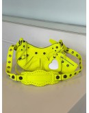 BALENCIAGA LE CAGOLE XS SHOULDER / CROSSBODY BAG IN NEON YELLOW/ GREEN CRINKLED LAMBSKIN LEATHER WITH DARK TARNISHED SILVER HARDWARE
