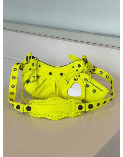 BALENCIAGA LE CAGOLE XS SHOULDER / CROSSBODY BAG IN NEON YELLOW/ GREEN CRINKLED LAMBSKIN LEATHER WITH DARK TARNISHED SILVER HARDWARE