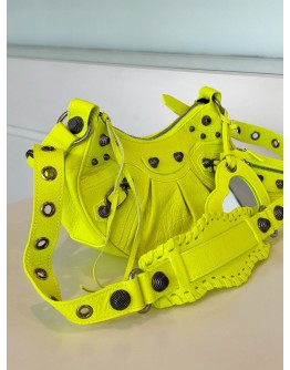 BALENCIAGA LE CAGOLE XS SHOULDER / CROSSBODY BAG IN NEON YELLOW/ GREEN CRINKLED LAMBSKIN LEATHER WITH DARK TARNISHED SILVER HARDWARE