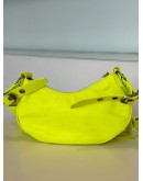 BALENCIAGA LE CAGOLE XS SHOULDER / CROSSBODY BAG IN NEON YELLOW/ GREEN CRINKLED LAMBSKIN LEATHER WITH DARK TARNISHED SILVER HARDWARE