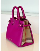BURBERRY BABY BANNER TOTE HANDBAG IN MAGENTA PINK GRAINED LEATHER WITH HOUSE CHECK CANVAS ON SIDE PANELS