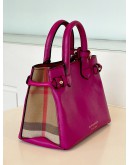 BURBERRY BABY BANNER TOTE HANDBAG IN MAGENTA PINK GRAINED LEATHER WITH HOUSE CHECK CANVAS ON SIDE PANELS