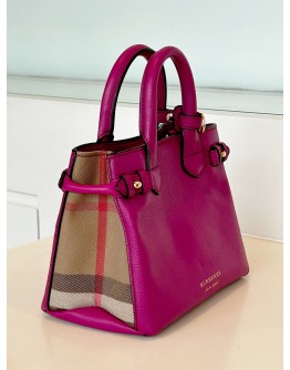 BURBERRY BABY BANNER TOTE HANDBAG IN MAGENTA PINK GRAINED LEATHER WITH HOUSE CHECK CANVAS ON SIDE PANELS