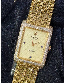ROLEX CELLINI FULL 18K 750 YELLOW GOLD FACTORY DIAMONDS 3/6/9 BLUE SAPPHIRE INDICES REF 4930 GOLD TEXTURE DIAL 33MM X 24MM MANUAL WINDING WATCH