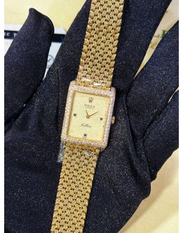 ROLEX CELLINI FULL 18K 750 YELLOW GOLD FACTORY DIAMONDS 3/6/9 BLUE SAPPHIRE INDICES REF 4930 GOLD TEXTURE DIAL 33MM X 24MM MANUAL WINDING WATCH