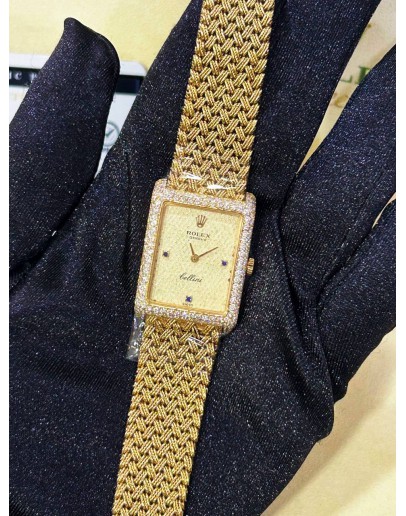 ROLEX CELLINI FULL 18K 750 YELLOW GOLD FACTORY DIAMONDS 3/6/9 BLUE SAPPHIRE INDICES REF 4930 GOLD TEXTURE DIAL 33MM X 24MM MANUAL WINDING WATCH
