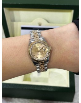 ROLEX LADY DATEJUST JUBILEE HALF 18K 750 YELLOW GOLD REF 179173 CHAMPAGNE ROMAN NUMBERALS DIAL 26MM AUTOMATIC WATCH