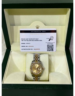 ROLEX LADY DATEJUST JUBILEE HALF 18K 750 YELLOW GOLD REF 179173 CHAMPAGNE ROMAN NUMBERALS DIAL 26MM AUTOMATIC WATCH