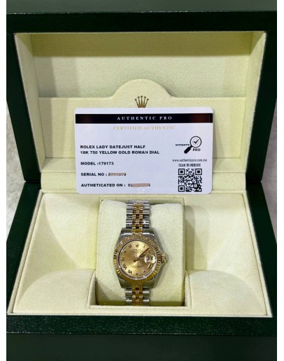ROLEX LADY DATEJUST JUBILEE HALF 18K 750 YELLOW GOLD REF 179173 CHAMPAGNE ROMAN NUMBERALS DIAL 26MM AUTOMATIC WATCH
