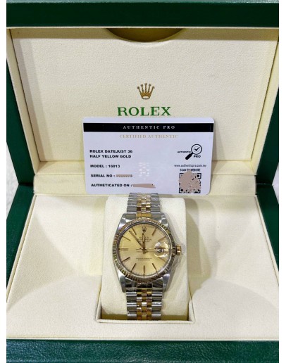 ROLEX DATEJUST 36 HALF 18K 750 YELLOW GOLD REF 16013 CHAMPAGNE DIAL 36MM AUTOMATIC WATCH