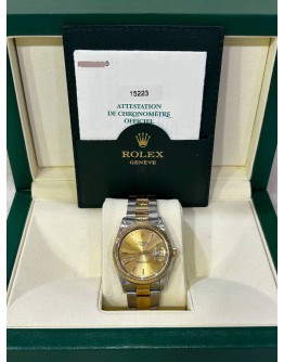 ROLEX OYSTER PERPETUAL DATE HALF 18K 750 YELLOW GOLD REF 15223 CHAMPAGNE DIAL 34MM AUTOMATIC WATCH