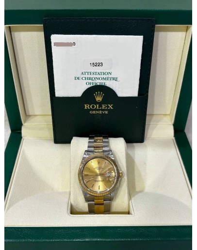 ROLEX OYSTER PERPETUAL DATE HALF 18K 750 YELLOW GOLD REF 15223 CHAMPAGNE DIAL 34MM AUTOMATIC WATCH