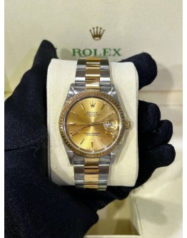 ROLEX OYSTER PERPETUAL DATE HALF 18K 750 YELLOW GOLD REF 15223 CHAMPAGNE DIAL 34MM AUTOMATIC WATCH