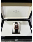 PATEK PHILIPPE GONDOLO SARATA LADIES 18K 750 HALF ROSE GOLD 94 BRILLIANT CUT SPERSASTITE GEMSTONES REF 4962 / 200R-001 BROWN FLORAL MOTIF DIAL 28.6MM X 40.8MM QUARTZ WATCH