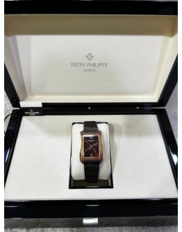PATEK PHILIPPE GONDOLO SARATA LADIES 18K 750 HALF ROSE GOLD 94 BRILLIANT CUT SPERSASTITE GEMSTONES REF 4962 / 200R-001 BROWN FLORAL MOTIF DIAL 28.6MM X 40.8MM QUARTZ WATCH
