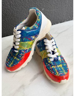 CHANEL MULTICOLOUR TWEED CC LOW TOP SNEAKERS