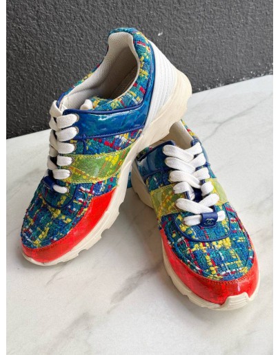 CHANEL MULTICOLOUR TWEED CC LOW TOP SNEAKERS